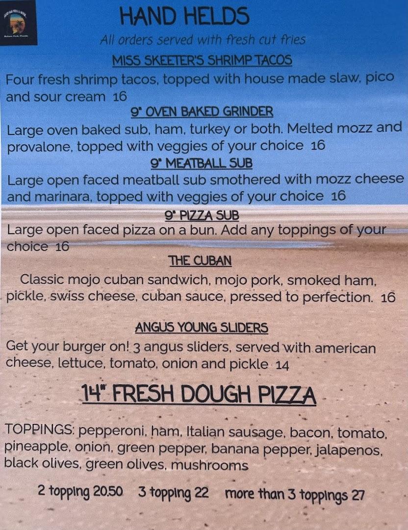 Sand Bar Pizza and Music Menu